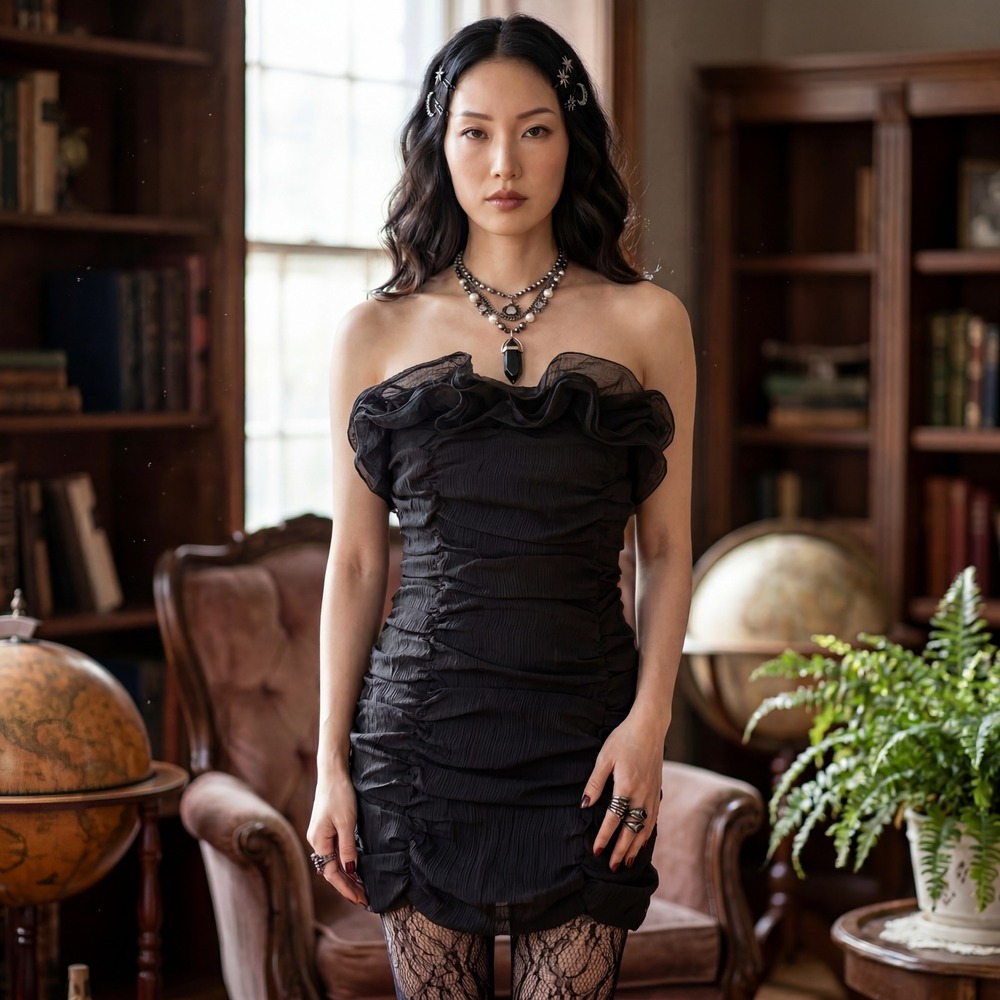 White‎ Birch Black Ruched Strapless Mini Dress Ruffle Neckline S dark coquette